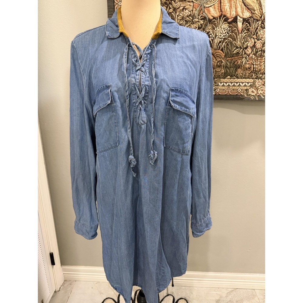 Tasha Polizzi Collection Shirt Dress Womens XL Blue Chambray Lace Up Western